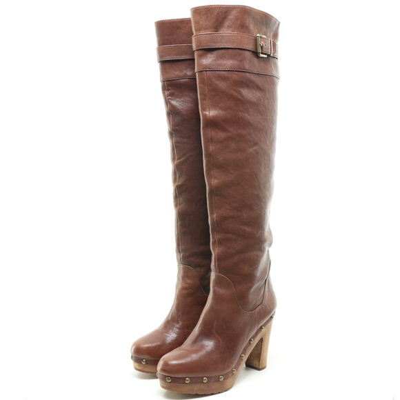 Michael Kors Yolanda Clog Over the Knee Heeled Leather Boots Womenโs 8 Brown - Picture 5 of 15